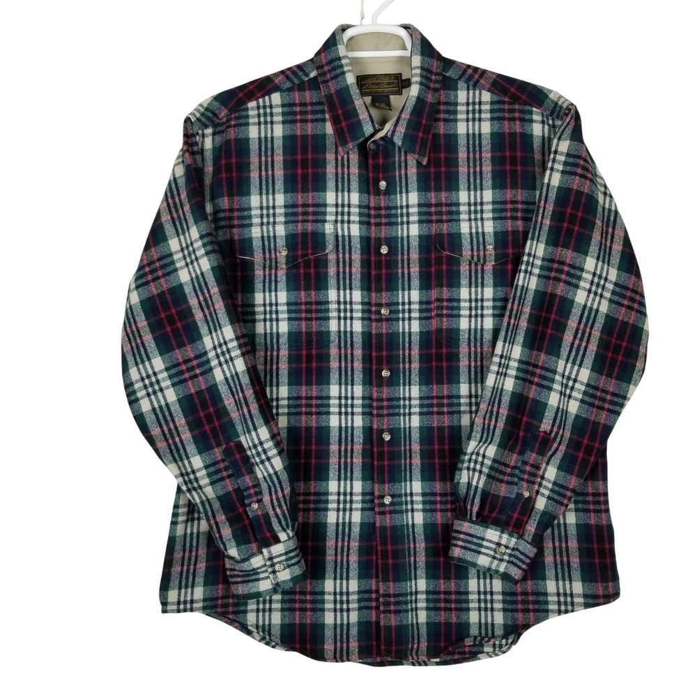Eddie Bauer Wool Flannel Shirt Mens XL Green Red Plaid Vintage Long Sleeve